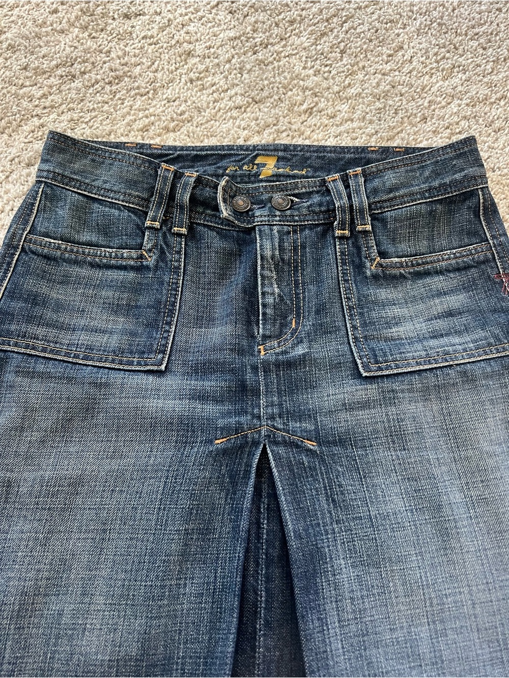 7 For All Mankind Distressed Blue Denim Midi Skirt